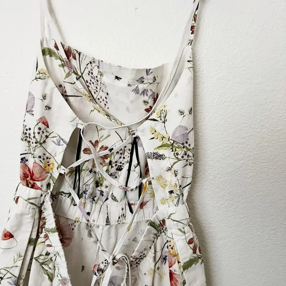 [H&M] Cream Linen Blend Cottagecore Wildflower Floral Print Strappy Romper Sz XL
